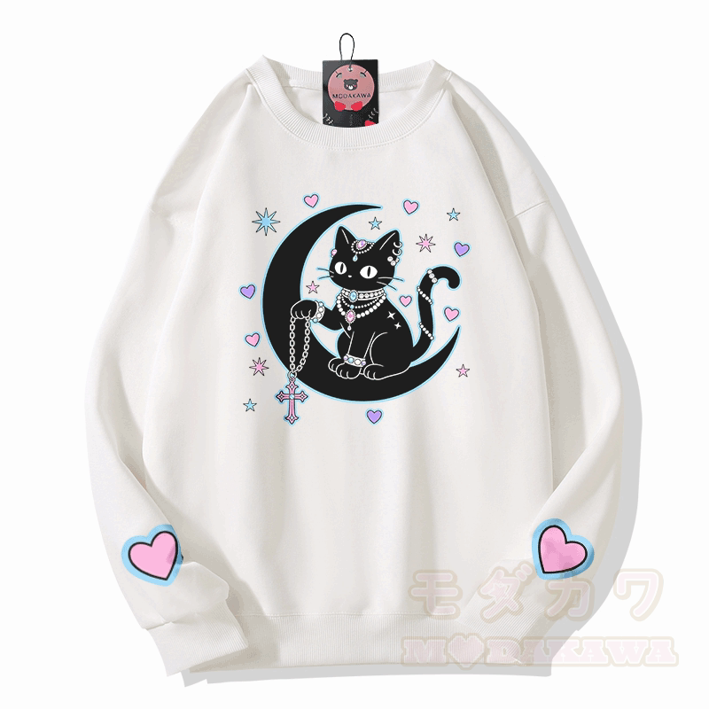 Modakawa Sweatshirt mit Astrologie-Motiv und schwarzer Katze - Weiß - 5XL - image 4