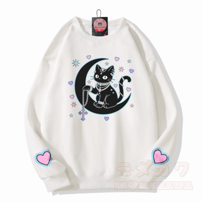 Modakawa Sweatshirt mit Astrologie-Motiv und schwarzer Katze - Weiß - 5XL - image 4