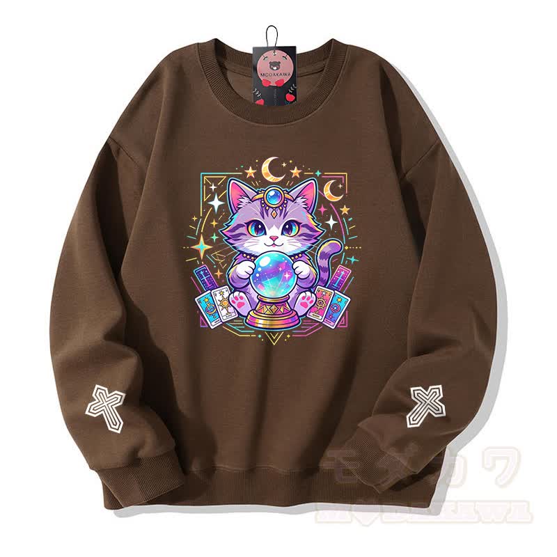 Tarot-Katze-Kristallkugel-Kreuz-Grafik Modakawa Sweatshirt - Braun - 5XL - image 5