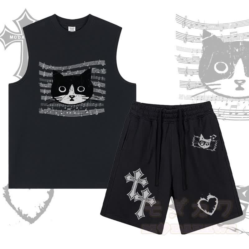 MODAKAWA Ärmelloses T-Shirt mit Musiklinien-Katzenmotiv, Shorts mit Kreuz-, Flammen- und Herzmotiv und Kordelzug (zweiteiliges Set) - Schwarz - 2XL - image 3