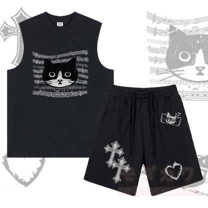 MODAKAWA Ärmelloses T-Shirt mit Musiklinien-Katzenmotiv, Shorts mit Kreuz-, Flammen- und Herzmotiv und Kordelzug (zweiteiliges Set) - Schwarz - 2XL - image 3