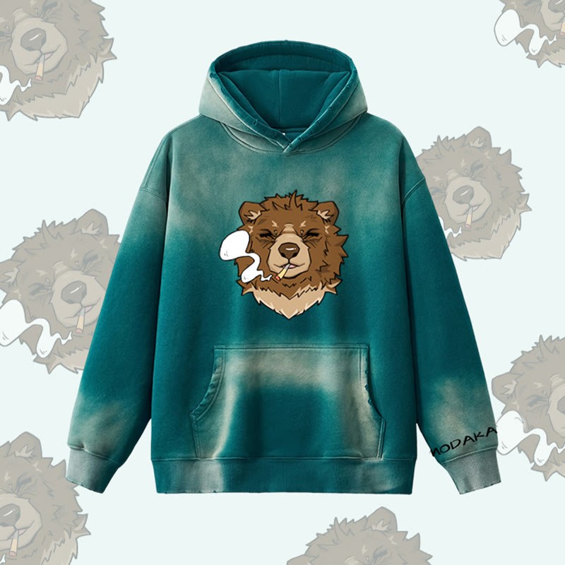 MODAKAWA Smoking Bear Graphic Vintage Washed Fleece Lined Hoodie - Green - 2XL - image 3
