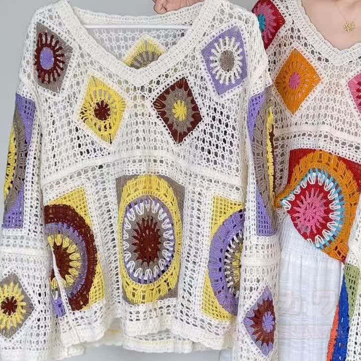 Boho Patchwork Häkel-Strandpullover mit langen Ärmeln, transparent, langärmelig - Lila - One Size - image 8