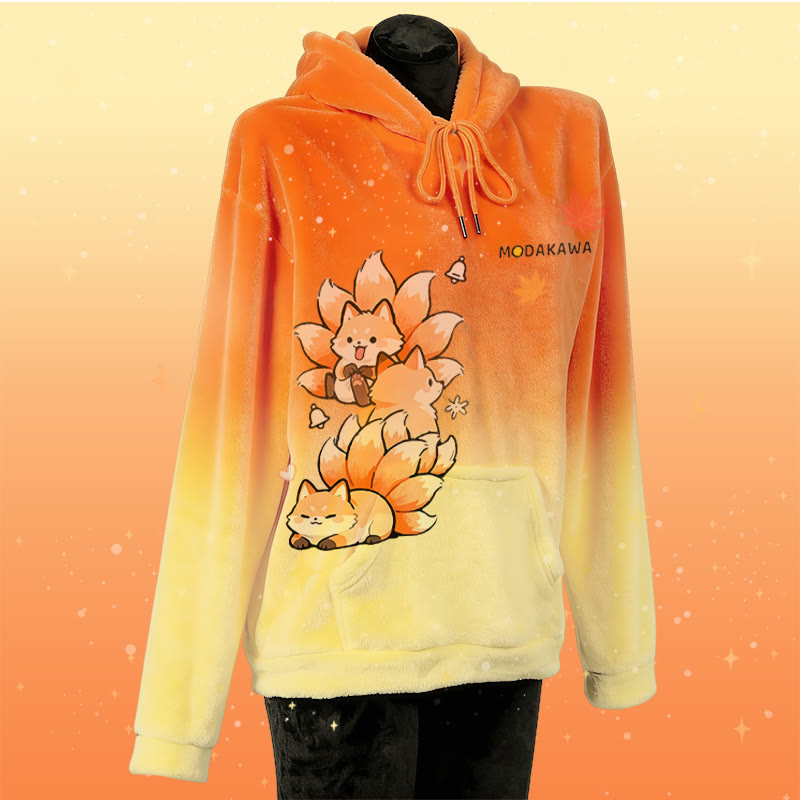 MODAKAWA Gradient Nine-tailed Fox Graphic Plush Hoodie with Bunny Ears - Orange - 4XL - image 2