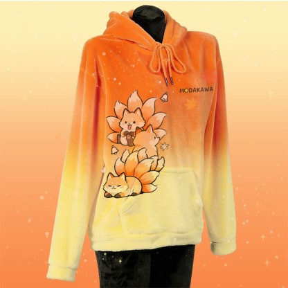 MODAKAWA Gradient Nine-tailed Fox Graphic Plush Hoodie with Bunny Ears - Orange - 4XL - image 2