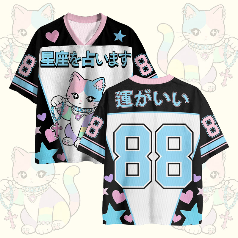 Tarot-Katzen-Zahlen-Grafik Modakawa Vintage Mesh Jersey T-Shirt - Blue - 4XL - image 3