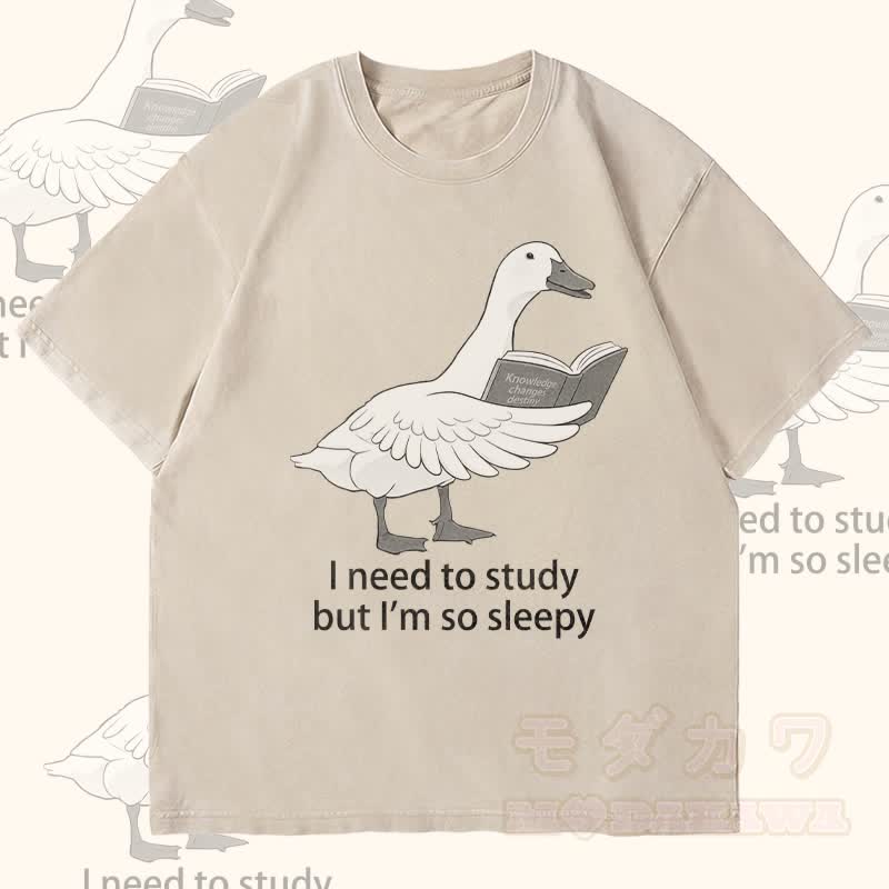 MODAKAWA ICH MUSS LERNEN, ABER ICH M SO MÜDE Gänse-Grafik Unisex Vintage Washed T-Shirt - Beige - 4XL - image 3