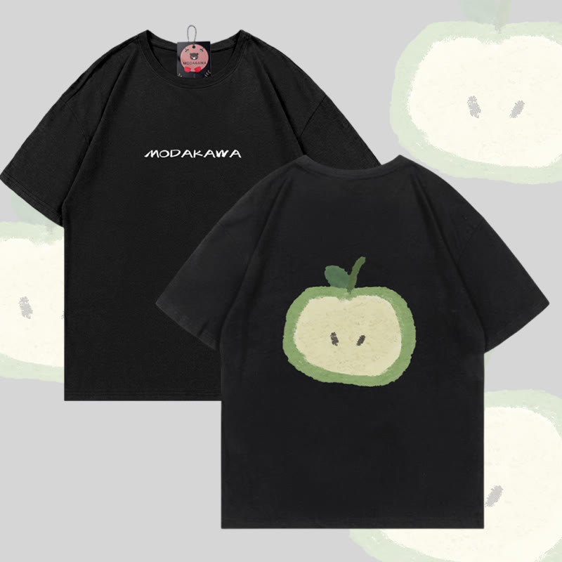 Modakawa Baumwoll-T-Shirt mit grünem Apfel-Motiv - Black - 5XL - image 4