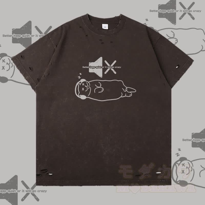 Modakawa T-Shirt mit Schlafkatzen-Grafik und Rissen - Kaffee - 2XL - image 4
