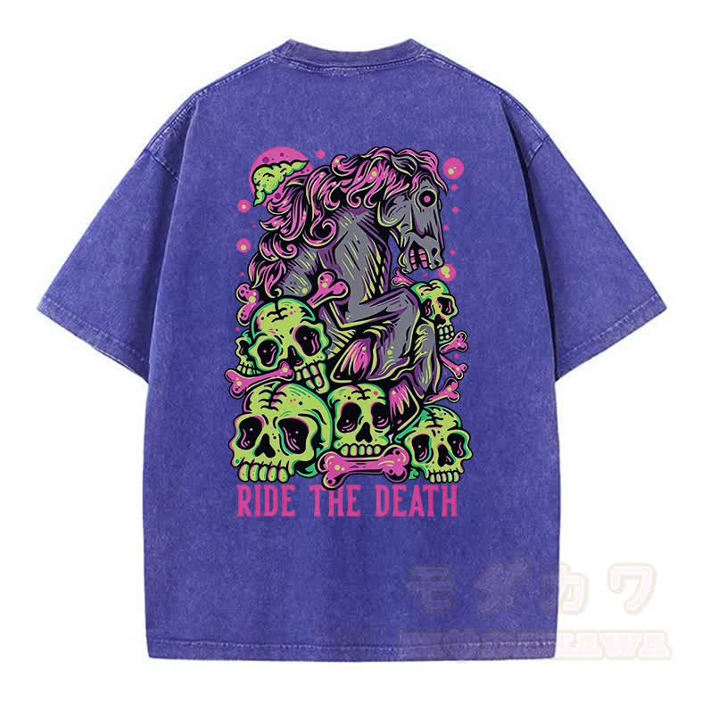MODAKAWA RIDE THE DEATH Totenkopf-Grafik Vintage Washed T-Shirt - Blau - 5XL - image 9