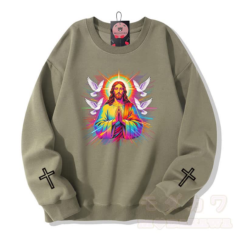Modakawa Sweatshirt mit Regenbogen-Gebetstauben-Kreuz-Grafik - Hellkhaki - 5XL - image 6