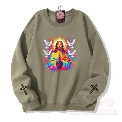 Modakawa Sweatshirt mit Regenbogen-Gebetstauben-Kreuz-Grafik - Hellkhaki - 5XL - image 6