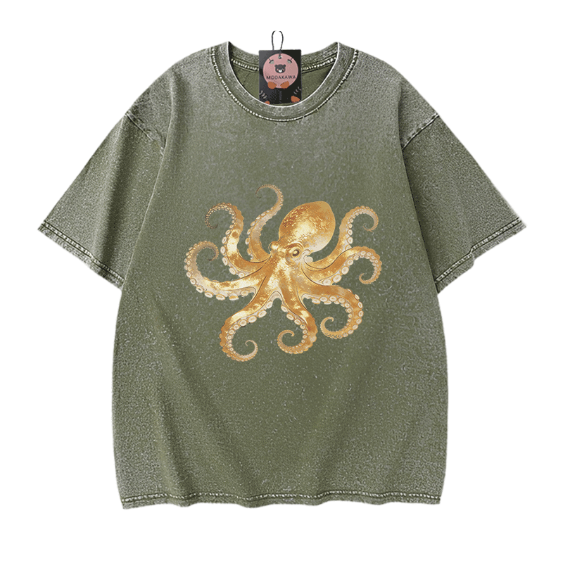Modakawa Vintage T-Shirt mit Oktopus-Motiv, gewaschen, 100 % Baumwolle - Green - 5XL - image 8