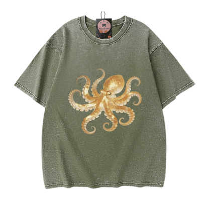 Modakawa Vintage T-Shirt mit Oktopus-Motiv, gewaschen, 100 % Baumwolle - Green - 5XL - image 8