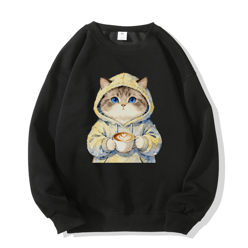 Kapuzenpullover mit Katze und Kaffeegrafik, Rundhalsausschnitt - Black - 5XL - image 5