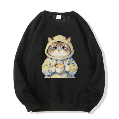 Kapuzenpullover mit Katze und Kaffeegrafik, Rundhalsausschnitt - Black - 5XL - image 5