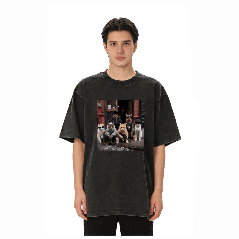 Street Cat Crew Grafik Modakawa Unisex Vintage Washed T-Shirt - image 3