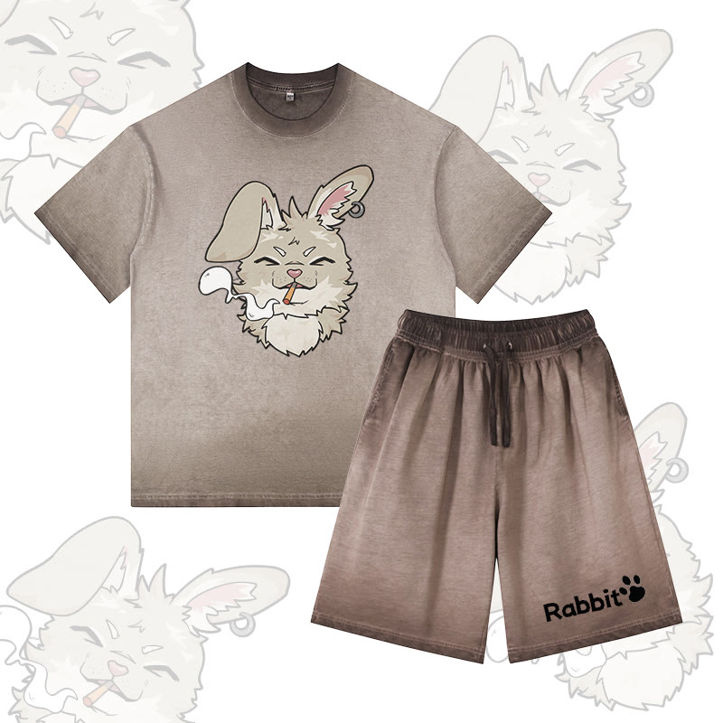Nabi Smoking Bunny Grafik Vintage Washed T-Shirt RABBIT Buchstaben Grafik Shorts Modakawa Gradient Zweiteiliges Set - Brown - 5XL - image 3