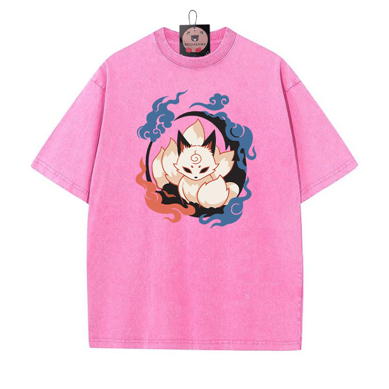 Mystischer neunschwänziger Fuchs Grafik Unisex Vintage Washed T-Shirt - Rosenrot - 5XL - image 5