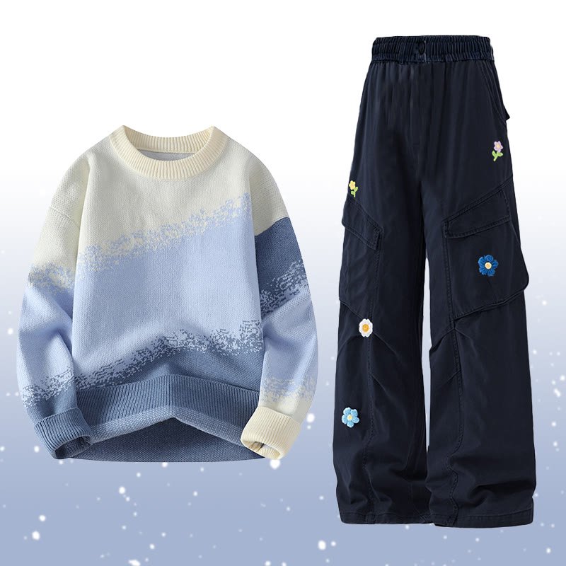 Zweiteiler: Strickpullover mit Farbverlauf, Cargohose mit Blumenmuster - Set C - 2XL - image 3