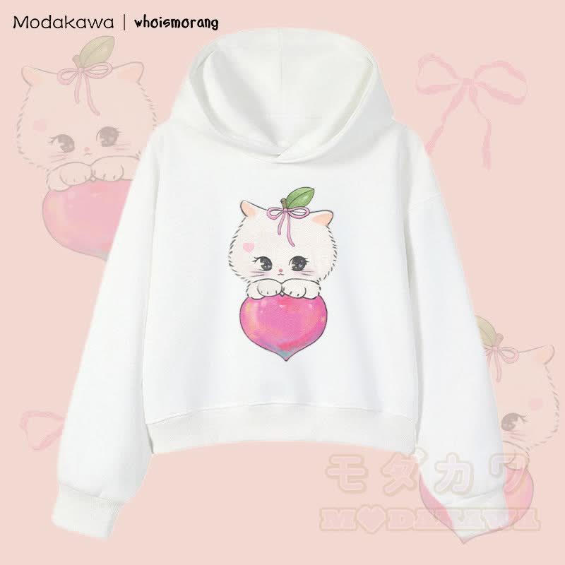 MODAKAWA X whoismorang Katzen- und Fruchtgrafik Cropped Cotton Hoodie - Weiß - 3XL - image 3
