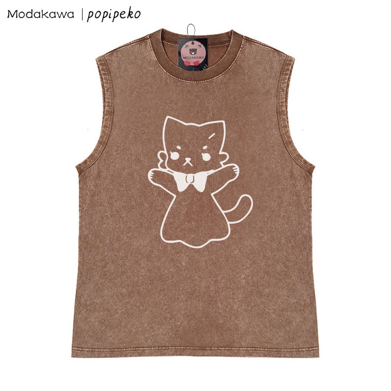 Open Arms Kitty Grafik Unisex Vintage gewaschenes ärmelloses T-Shirt - Braun - 2XL - image 3