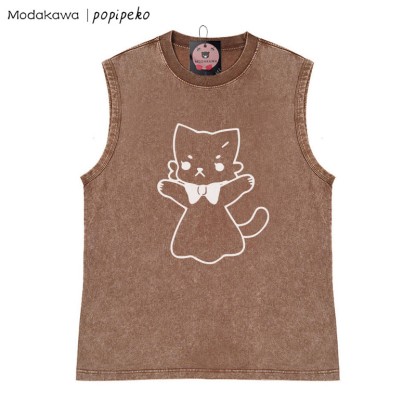 Open Arms Kitty Grafik Unisex Vintage gewaschenes ärmelloses T-Shirt - Braun - 2XL - image 3