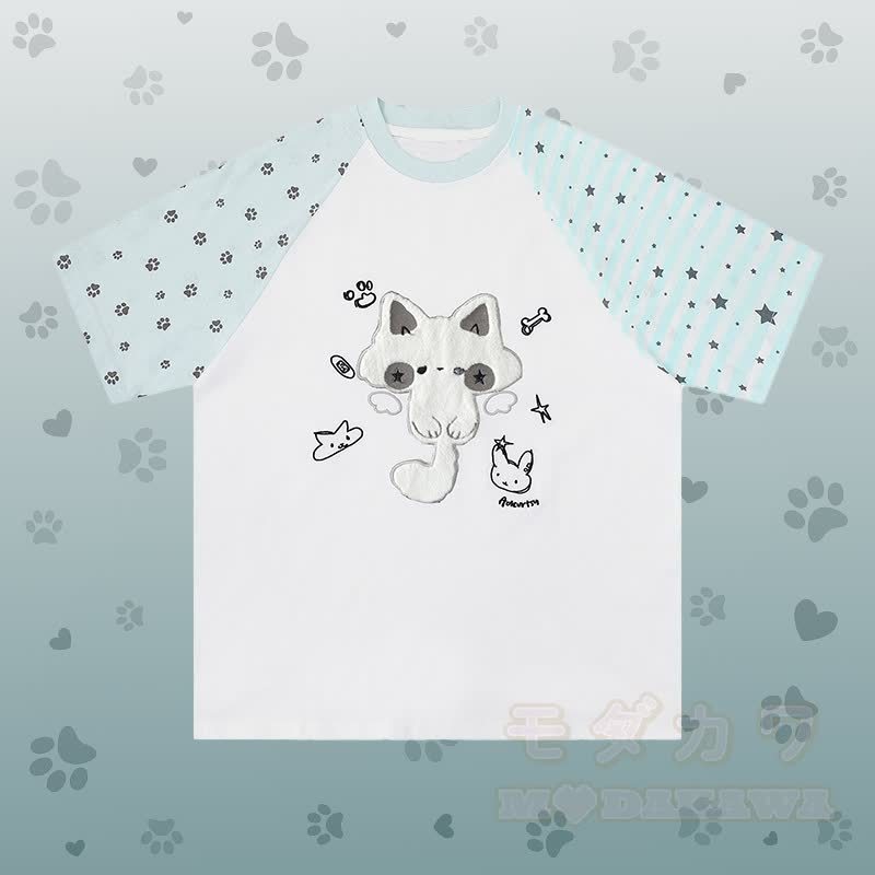 Raglan-T-Shirt mit Katzenmotiv, karierte Shorts und passendes Outfit von Modakawa - Weißes T-Shirt - L - image 6