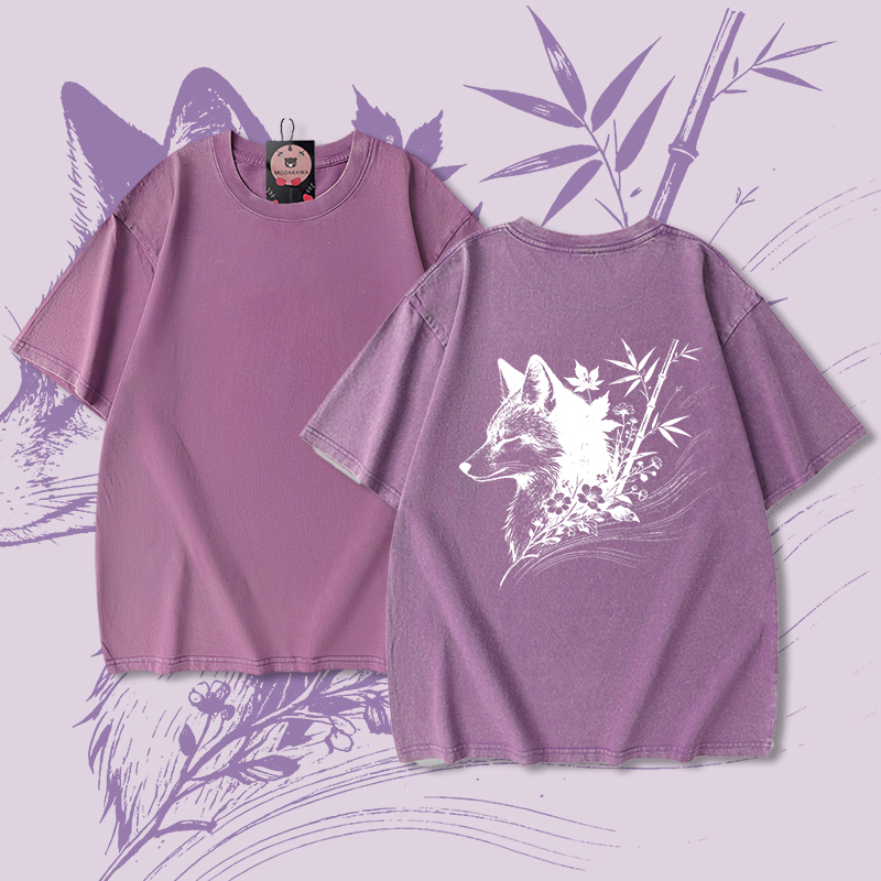 Modakawa Unisex Vintage T-Shirt mit Bambusfuchs-Motiv - Purple - 5XL - image 4