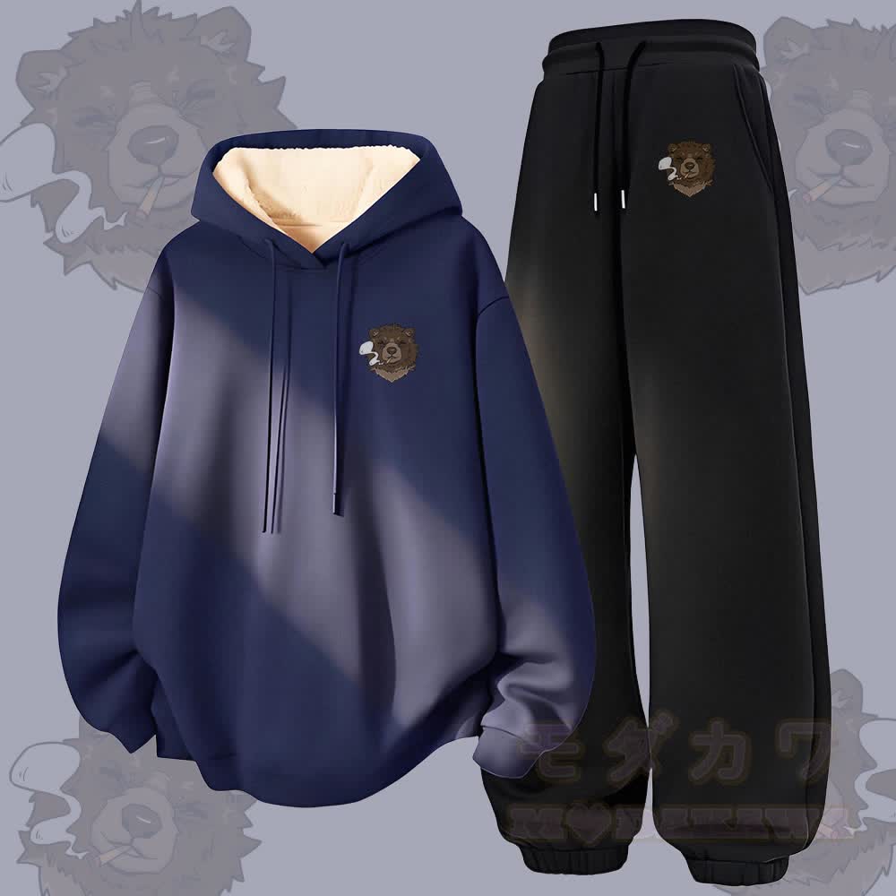 MODAKAWA Smoking Bear Grafik, dick gefütterter Hoodie und Hose, zweiteiliges Set - Purpurblau & Schwarz - 5XL - image 3