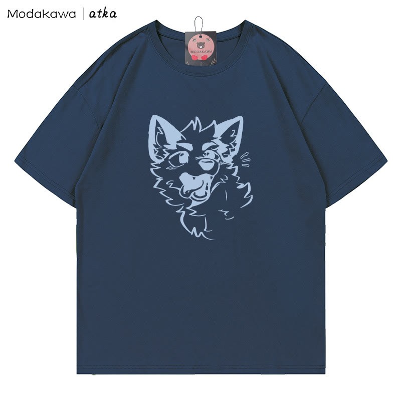 MODAKAWA X atka T-Shirt mit verspieltem Fuchsgesicht-Grafik - Purplish Blue - 5XL - image 5