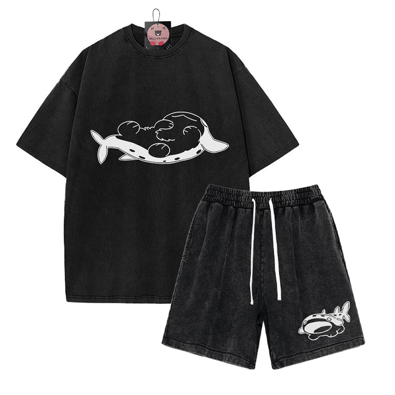 Verspieltes T-Shirt mit Pupfish-Grafik und verwaschenen Shorts im Vintage-Stil, zweiteiliges Set - Black - 3XL - image 4