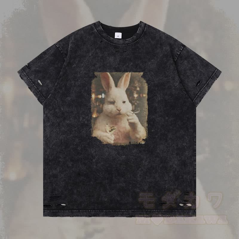 Vintage Smoking Bunny Grafik Modakawa Ripped T-Shirt - Schwarz - 2XL - image 3