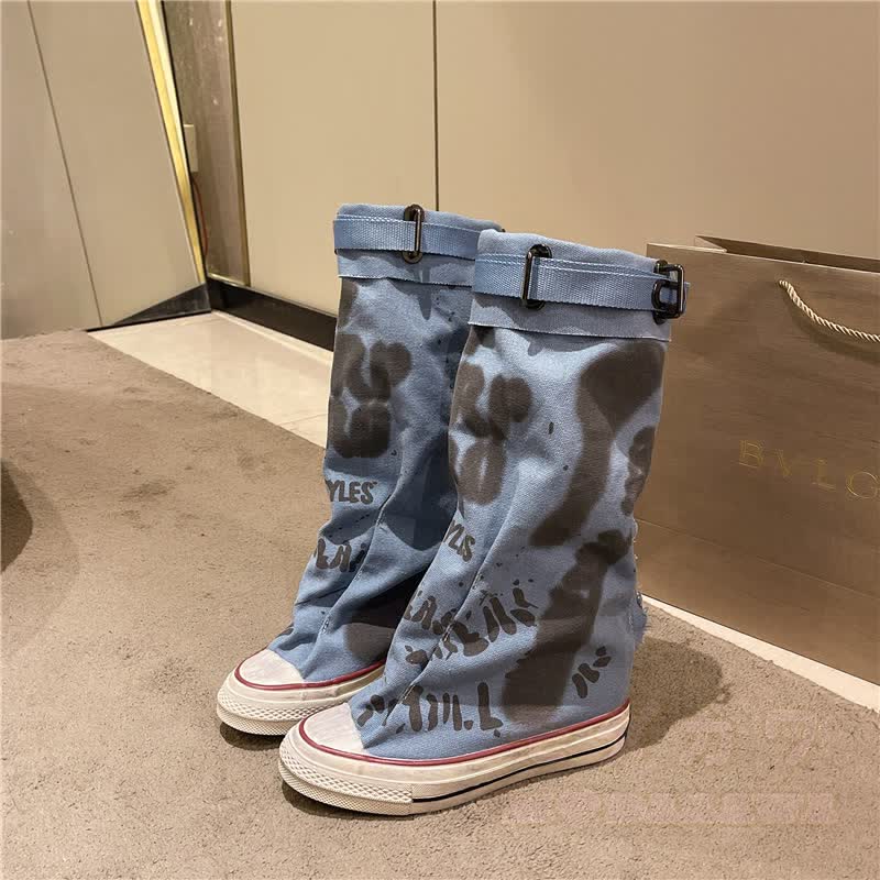 Vintage Graffiti High Top Canvas Plated Mid Calf Boots - Blau - 40 - image 7