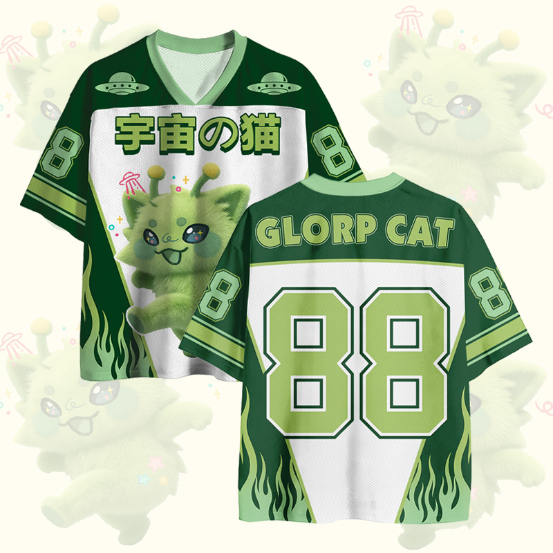 Modakawa Vintage Mesh Jersey T-Shirt mit Alien-Katzennummer-Grafik - Green - 4XL - image 3