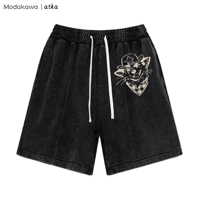MODAKAWA X atka Cowboy Fox Winking Graphic Vintage Washed Shorts - Schwarz - 3XL - image 3