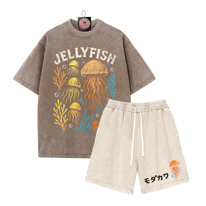 JELLYFISH T-Shirt Vintage Washed Shorts MODAKAWA Zweiteiliges Set - Brown&Apricot - 3XL - image 4