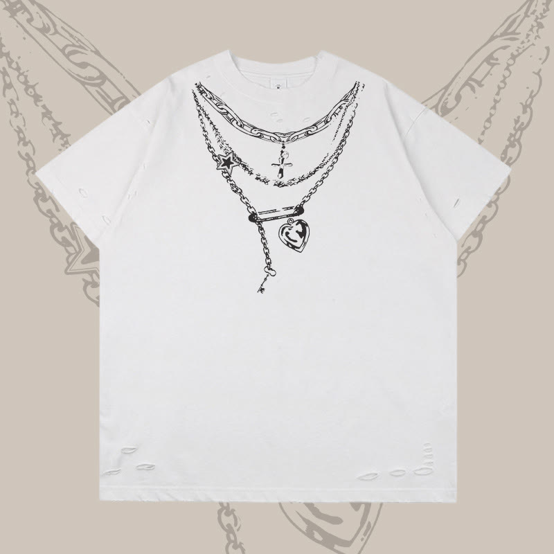 Modakawa Ripped T-Shirt mit Kettenmotiv - White - 2XL - image 4