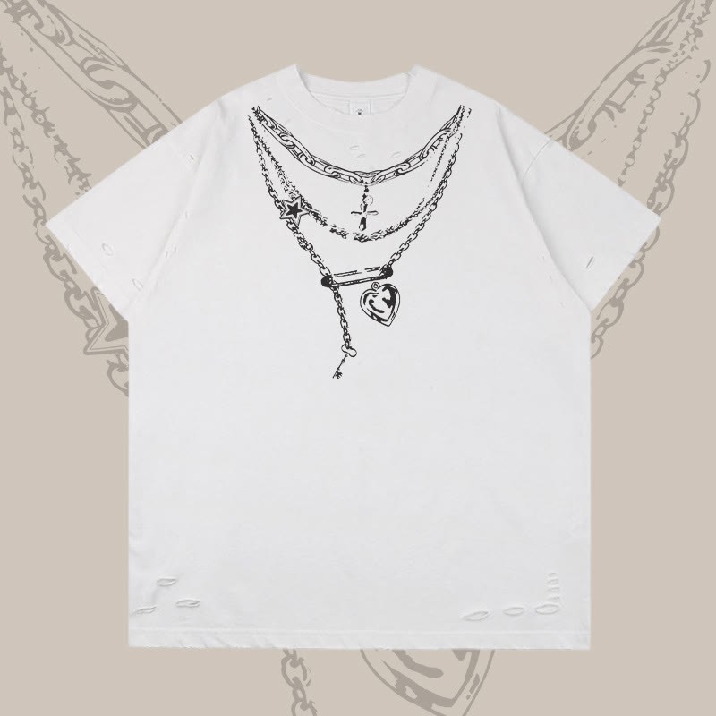 Modakawa Ripped T-Shirt mit Kettenmotiv - White - 2XL - image 4