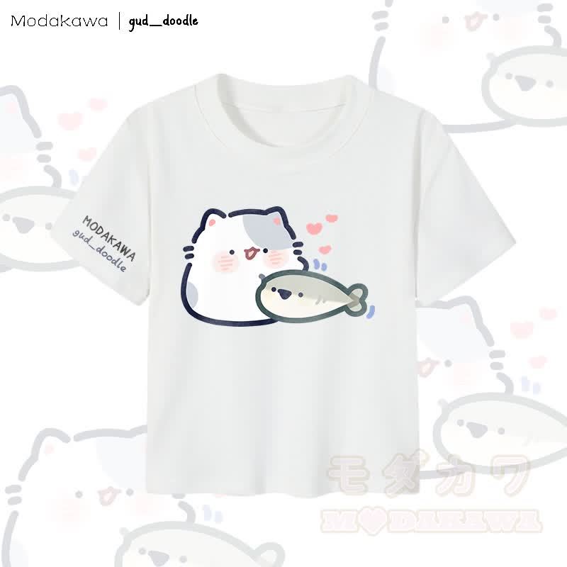 MODAKAWA x gud_doodle Damen-Crop-Top mit Katzen- und Fischmotiv, 92 % gekämmte Baumwolle - Weiß - XL - image 4