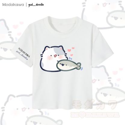 MODAKAWA x gud_doodle Damen-Crop-Top mit Katzen- und Fischmotiv, 92 % gekämmte Baumwolle - Weiß - XL - image 4