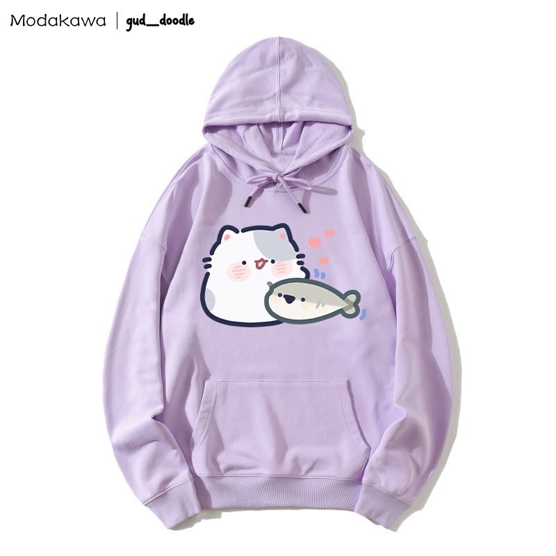MODAKAWA X gud_doodle – Lockerer Hoodie mit Kitten-Fisch-Print - Purple - 5XL - image 6
