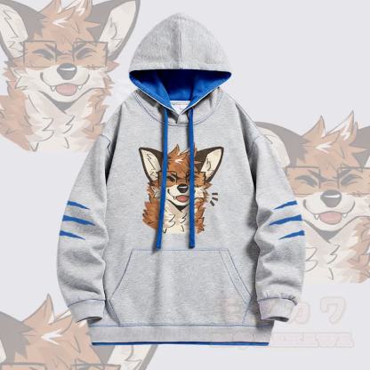 MODAKAWA X atka Fuchs mit Brille Grafik Oversized Pullover Hoodie mit Kontrastfutter - Grau - 4XL - image 3