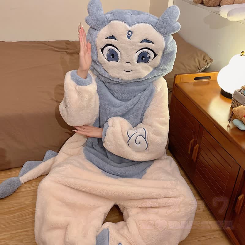 Lustiger Farben abgesetzter Plüsch-Kapuzen-Einteiler-Schlafanzug - image 3