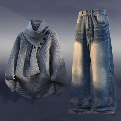 Zweiteiler: Strickpullover mit Fleecefutter und Jeans - Satz C - 3XL - image 3