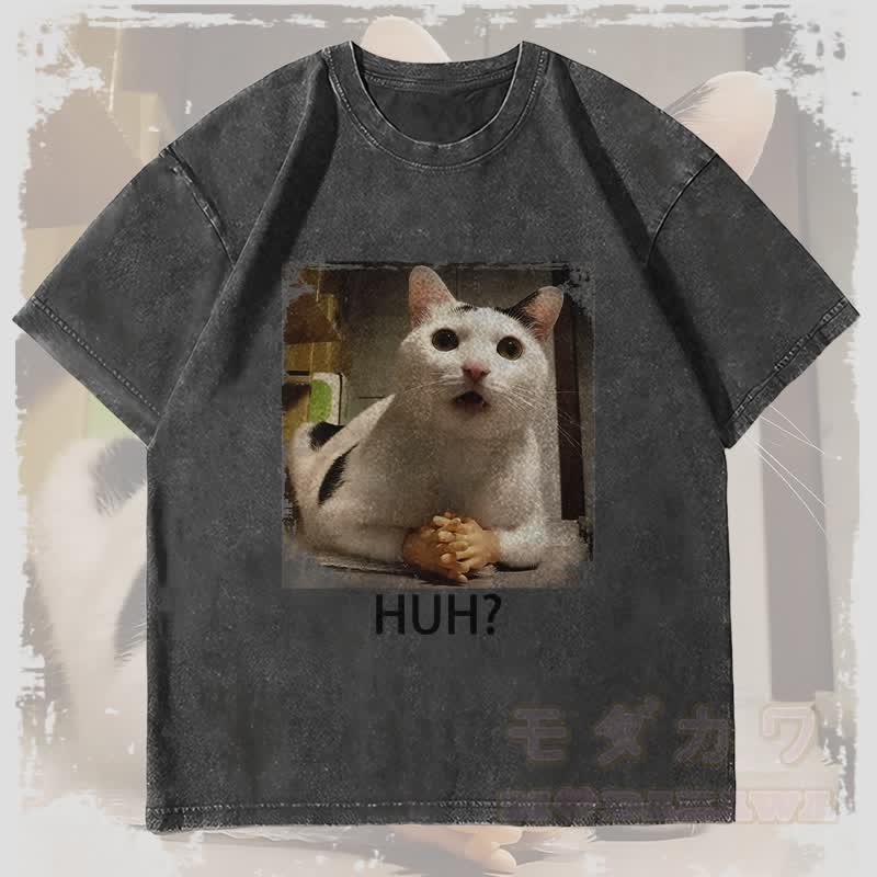 MODAKAWA HUH Verwirrte Katze Grafik Unisex Vintage Washed T-Shirt - Schwarz - 4XL - image 4