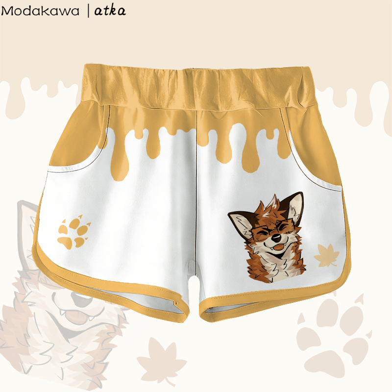 MODAKAWA X atka Maple Leaf Fox Wearing Glasses Graphic Shorts - Yellow - 5XL - image 2