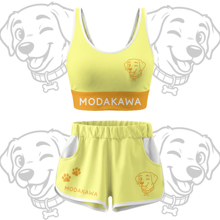 Happy Puppy Grafik-Crop-Tanktop, Sport-Top, Shorts, Bikini, Modakawa passendes Outfit - Yellow Set - 5XL - image 14
