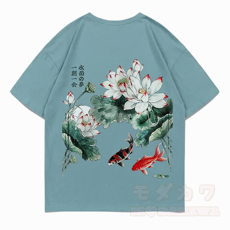 MODAKAWA Sommer-T-Shirt mit Blumen- und Fischmuster, locker geschnitten, Kurzarm - Lake Blue - 5XL - image 9