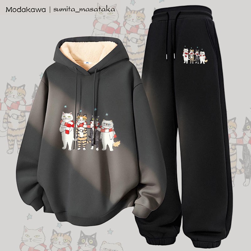 MODAKAWA X sumita_masataka Schal Sharing Katzen-Grafik Dickes Fleece-gefütterte Kapuzenpullover-Hose Zweiteiliges Set - Dark Grey&Black - 5XL - image 2